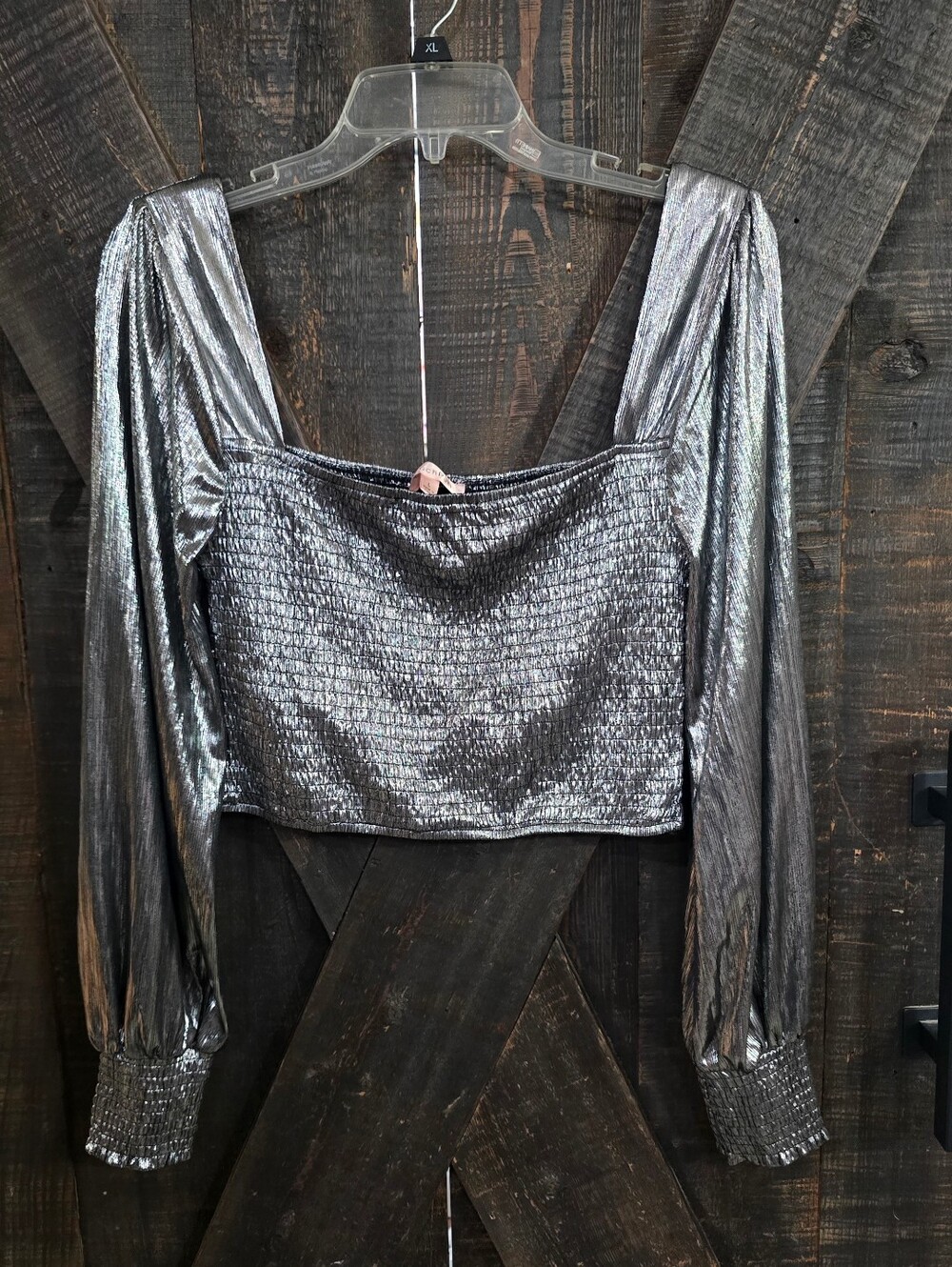 Metallic Silver Long-Sleeve Cropped Top Sz Large